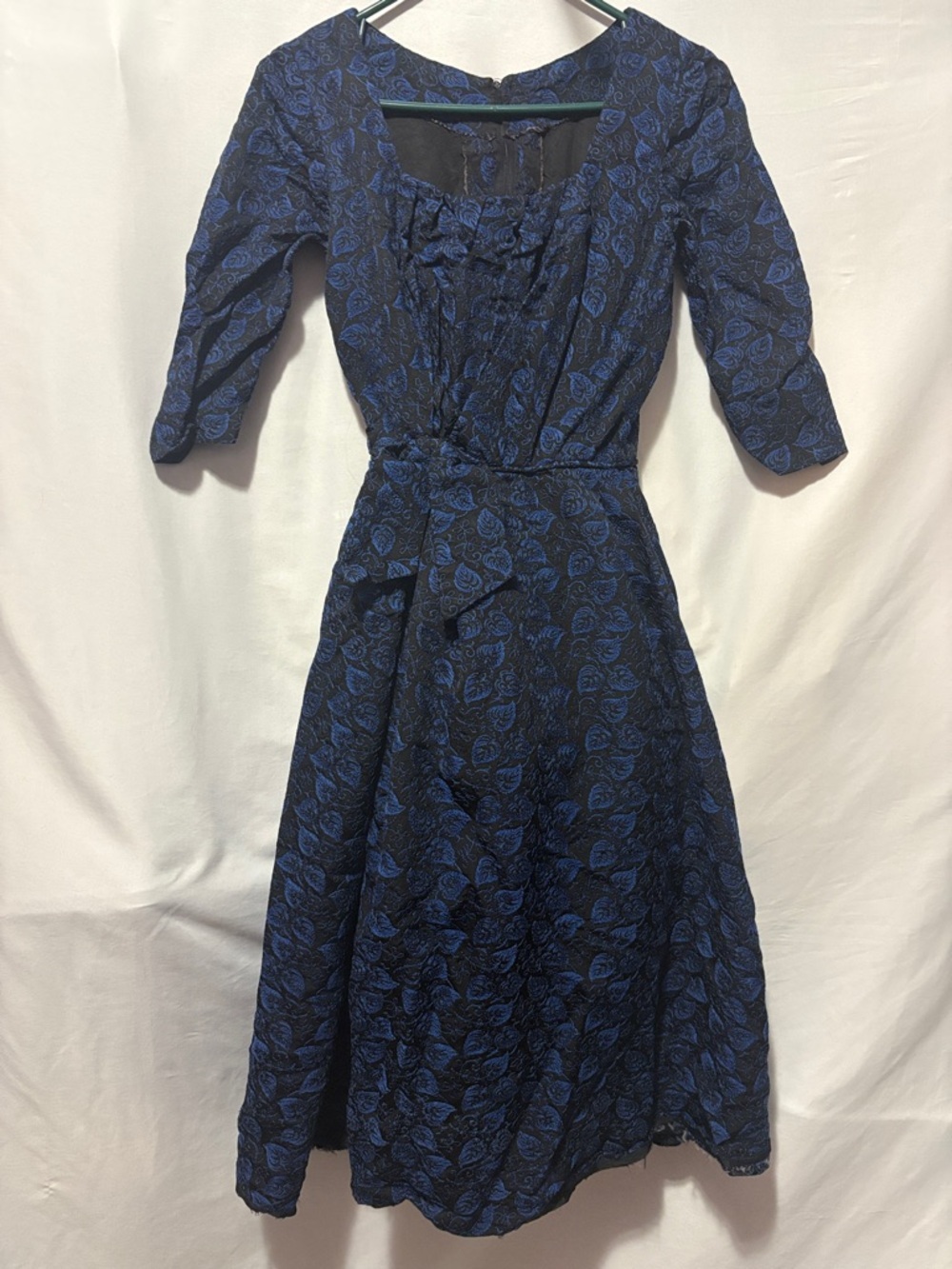 Navy Blue Floral Midi Dress with Waist Tie SM327